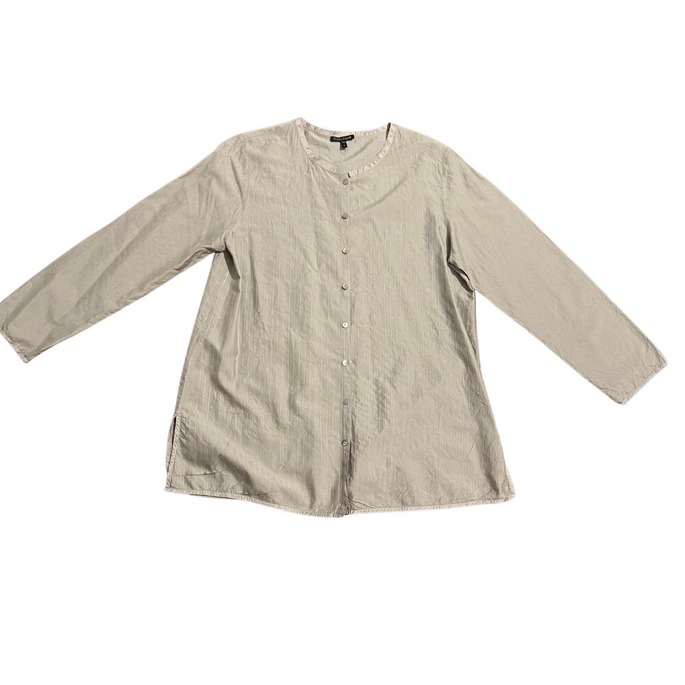 Eileen Fisher 100% Silk Button Front Blouse Taupe Relaxed Fit Size L